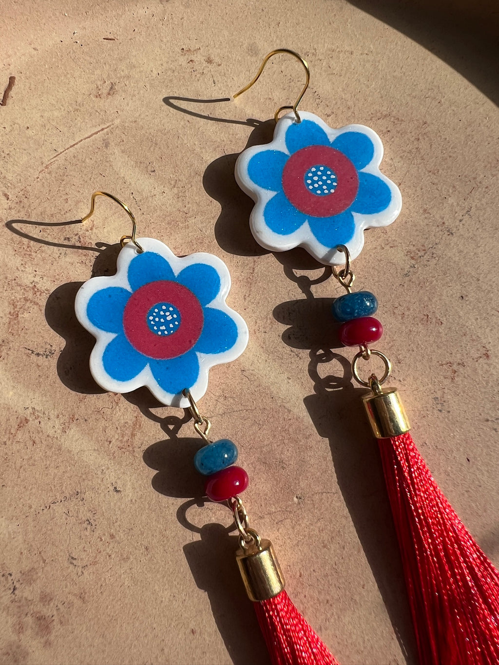 Daisy Donut Red Tassle Earrings