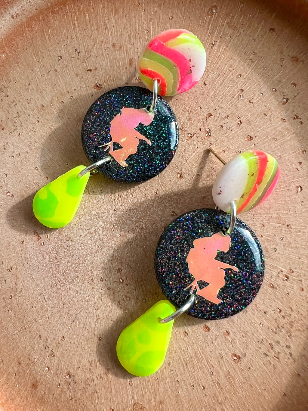 Lingering Lead Black Glitter and Neon Mikey Earrings