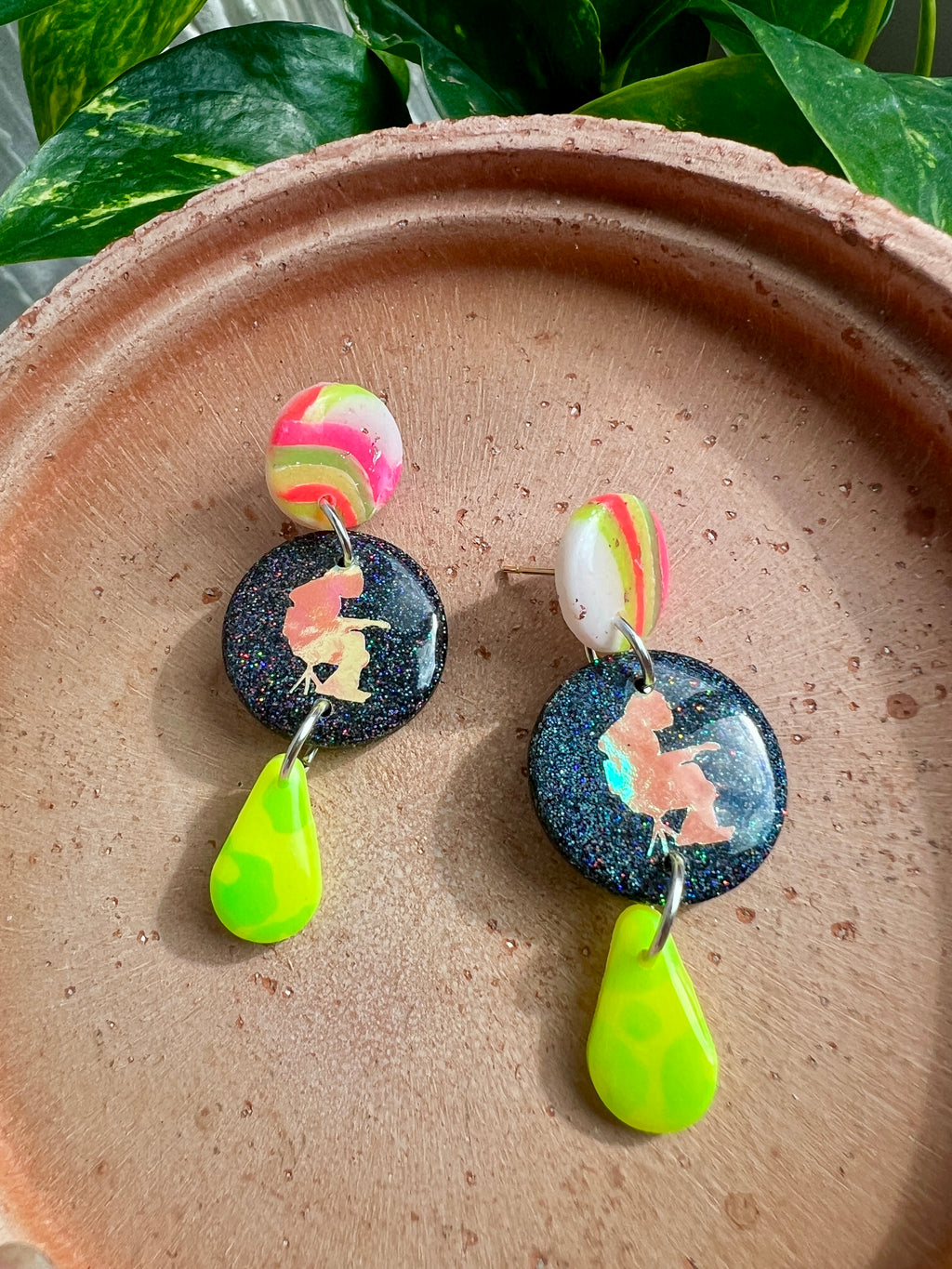 Lingering Lead Black Glitter and Neon Mikey Earrings
