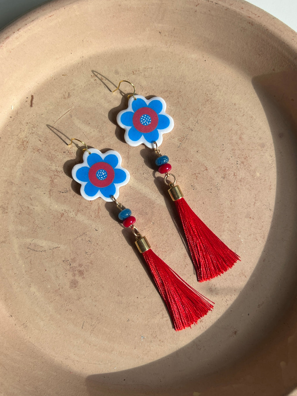 Daisy Donut Red Tassle Earrings
