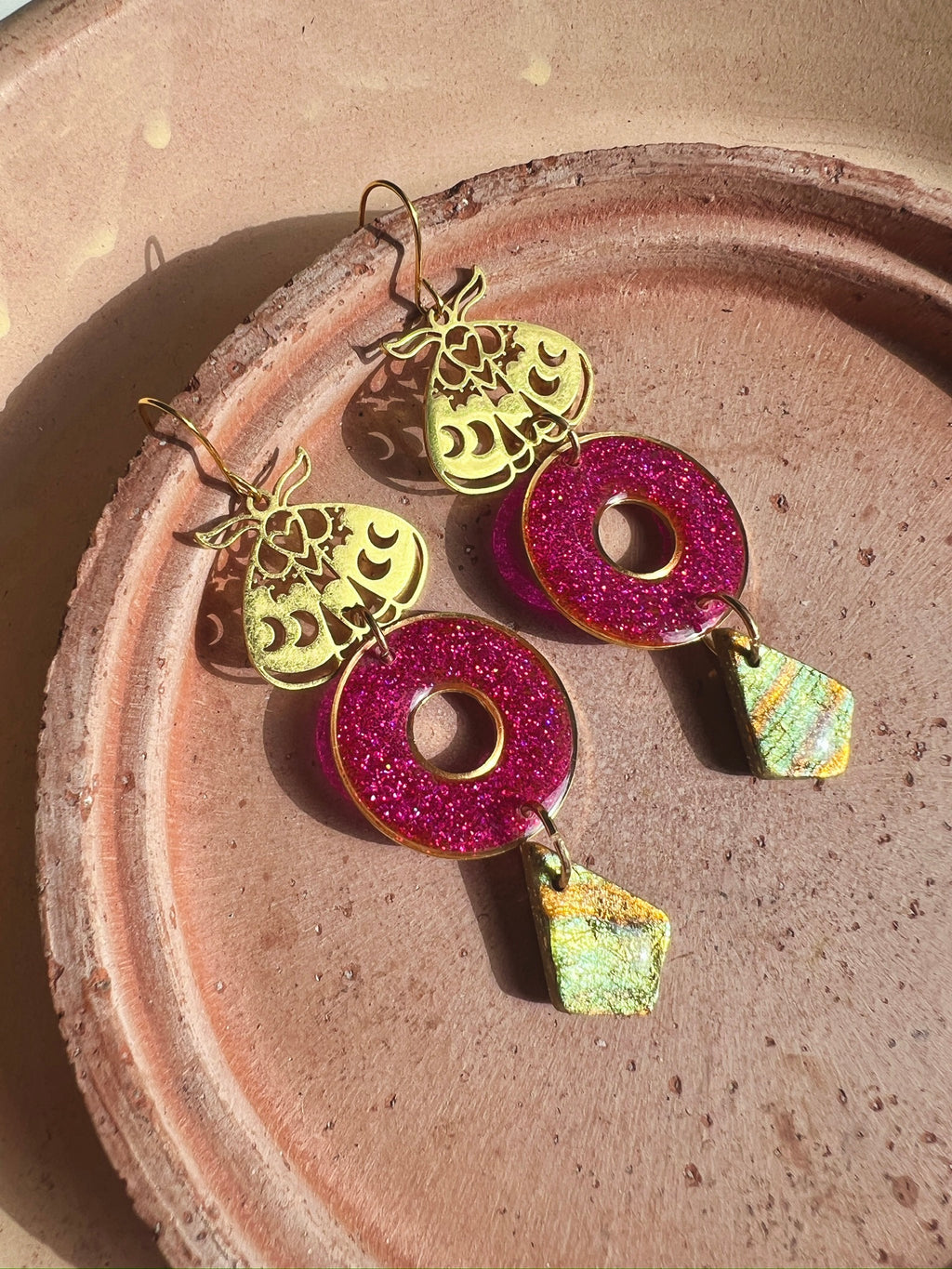 Pink Glitter Donut Moth Earrings