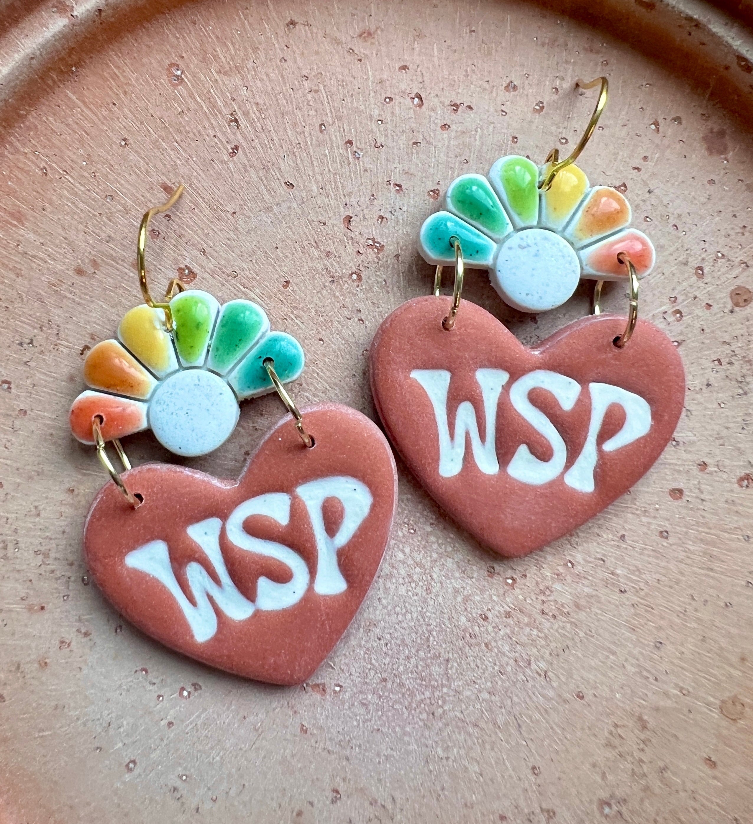 Earthy Rainbow WSP Heart Flower Earrings