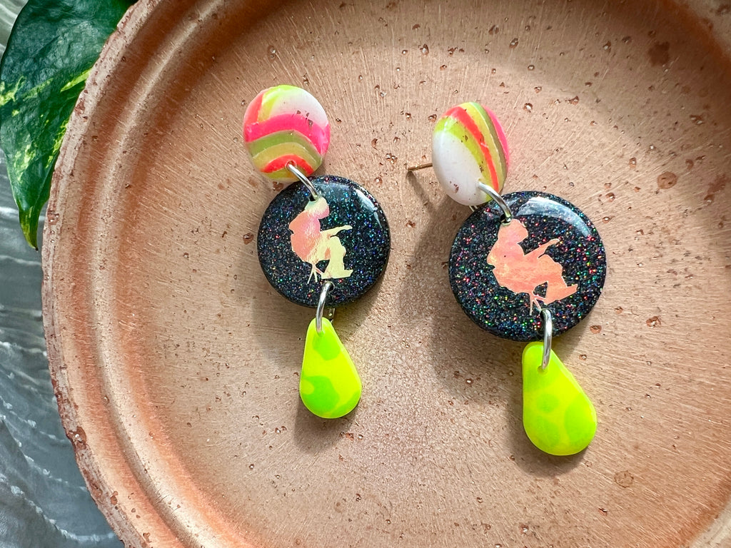 Lingering Lead Black Glitter and Neon Mikey Earrings