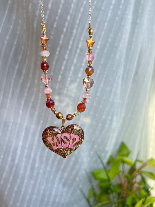 Amber Glitter WSP Beaded Heart Necklace