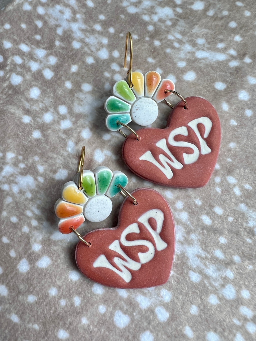 Earthy Rainbow WSP Heart Flower Earrings