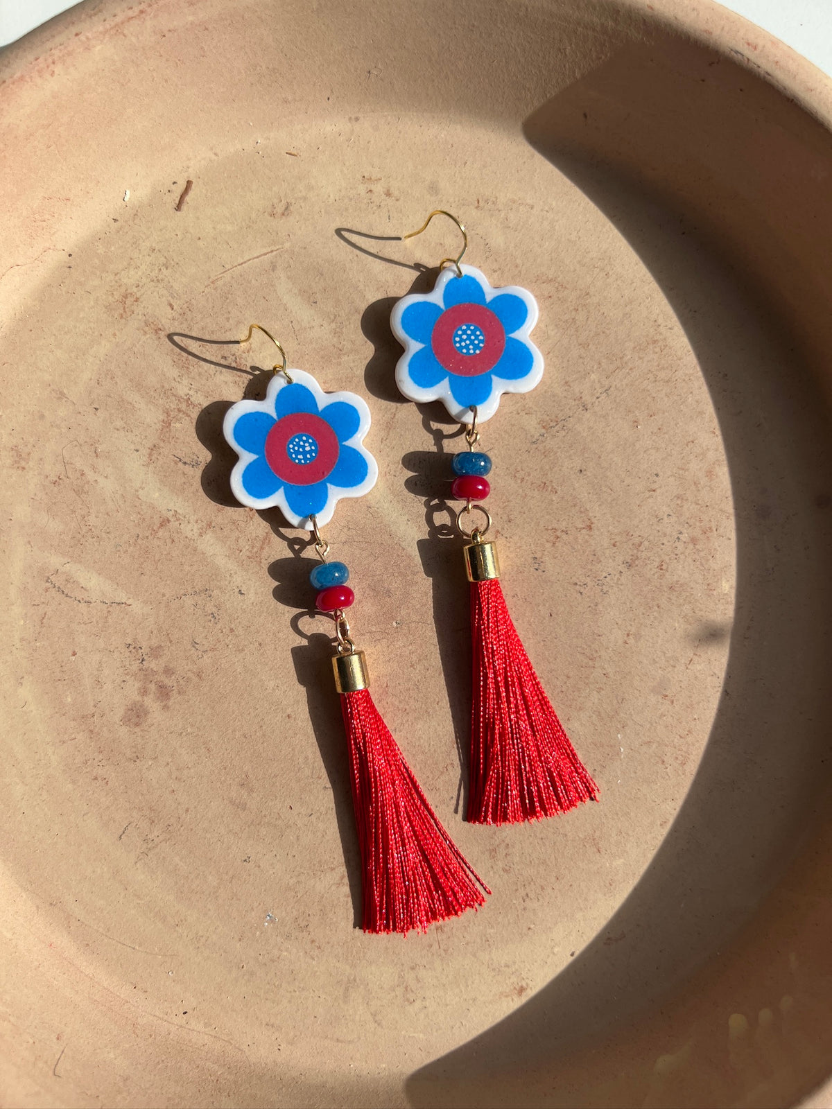 Daisy Donut Red Tassle Earrings