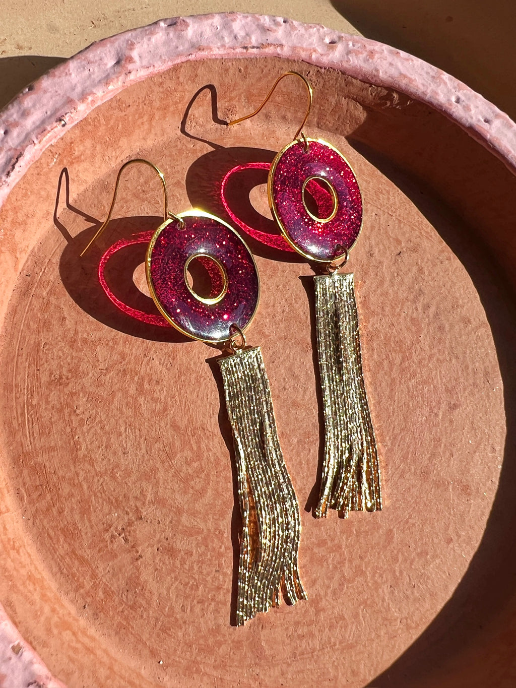 Red Glitter Donut Tassel Earrings