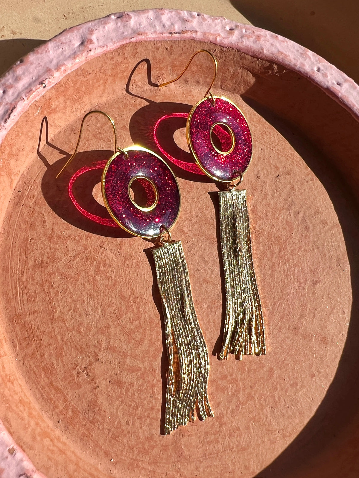 Red Glitter Donut Tassel Earrings