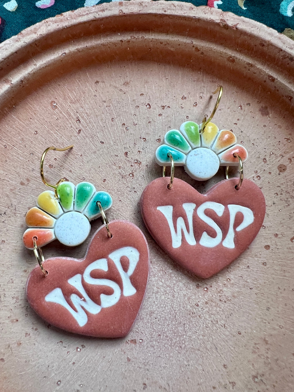 Earthy Rainbow WSP Heart Flower Earrings
