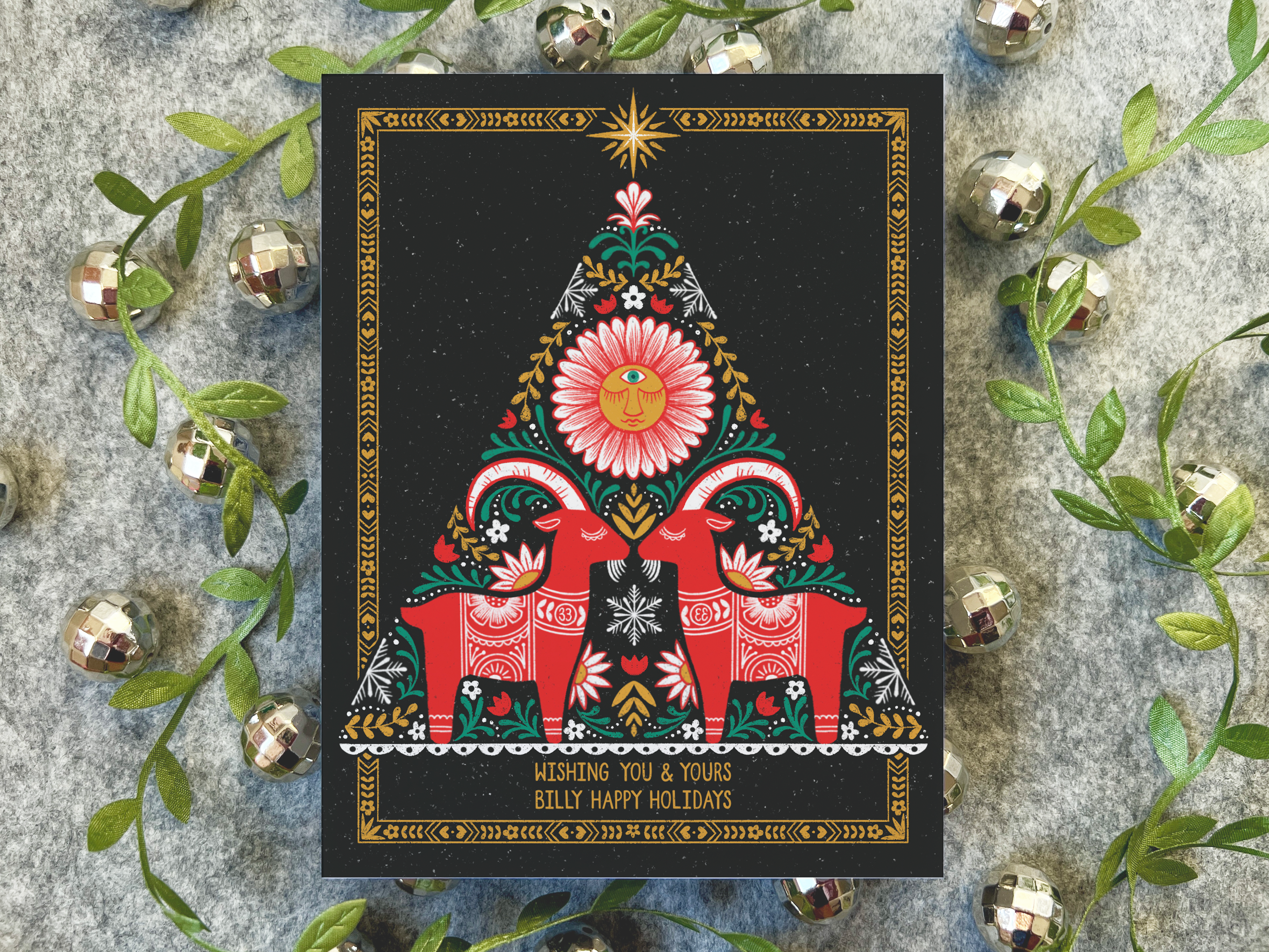 Red Daisy folk art Billy Strings inspired Christmas Card