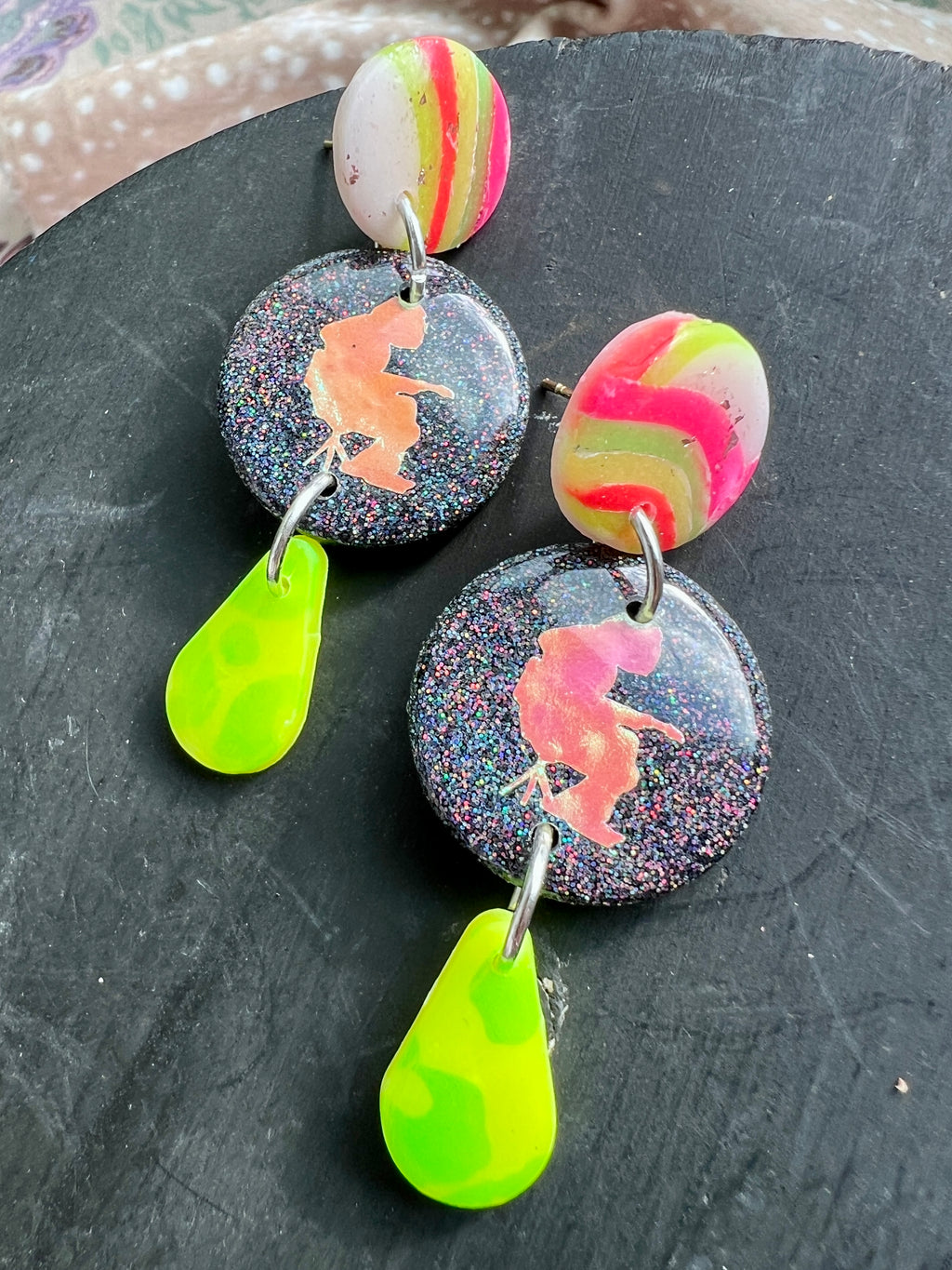 Lingering Lead Black Glitter and Neon Mikey Earrings