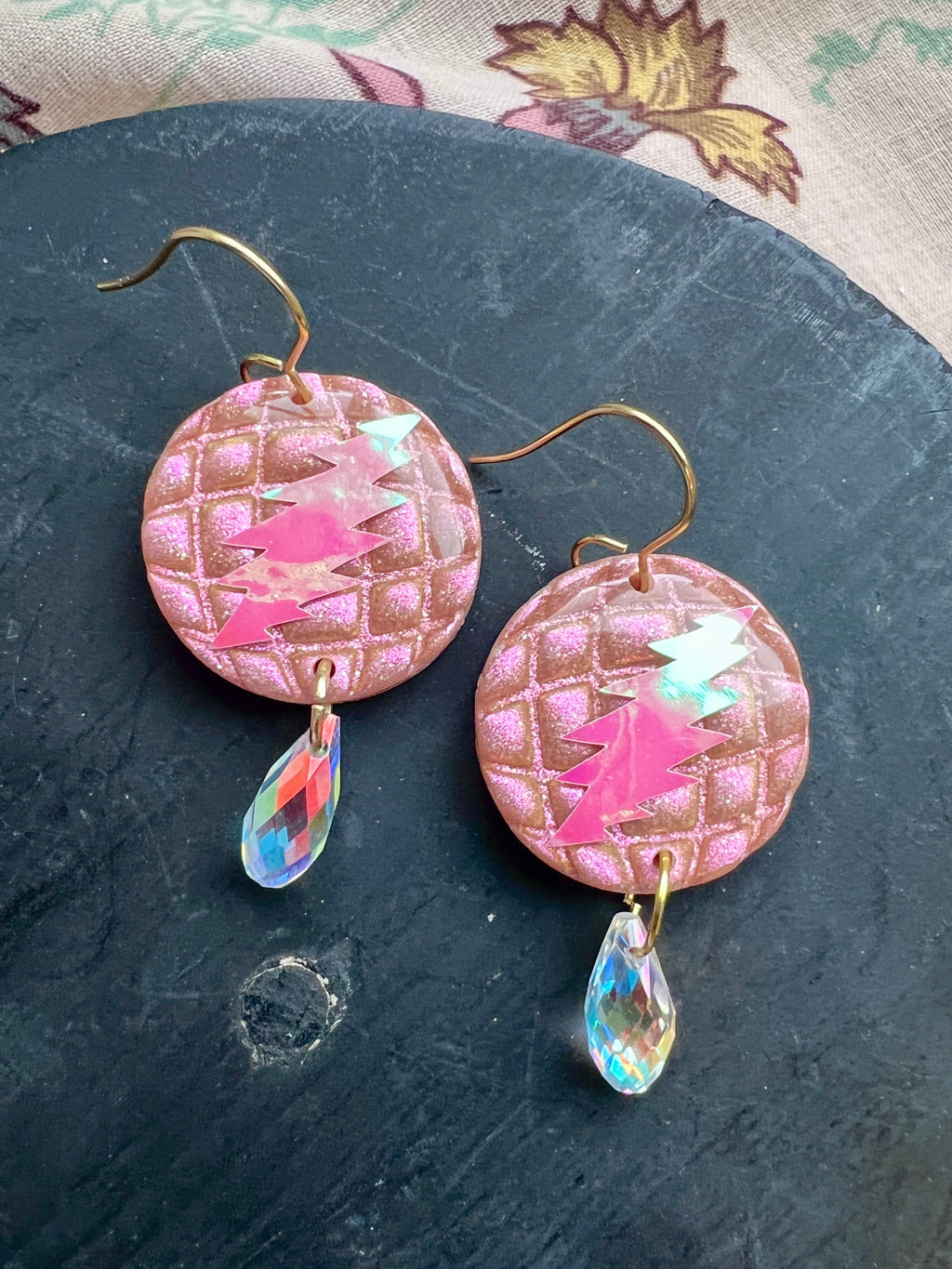 Disco Dead Rose Gold Holographic Bolt Earrings