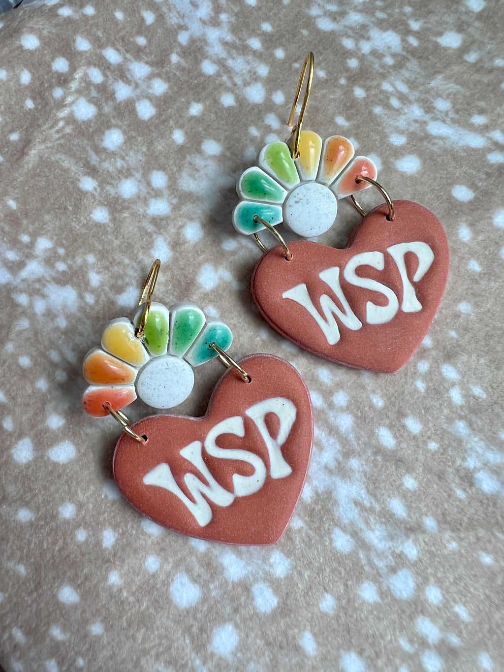 Earthy Rainbow WSP Heart Flower Earrings