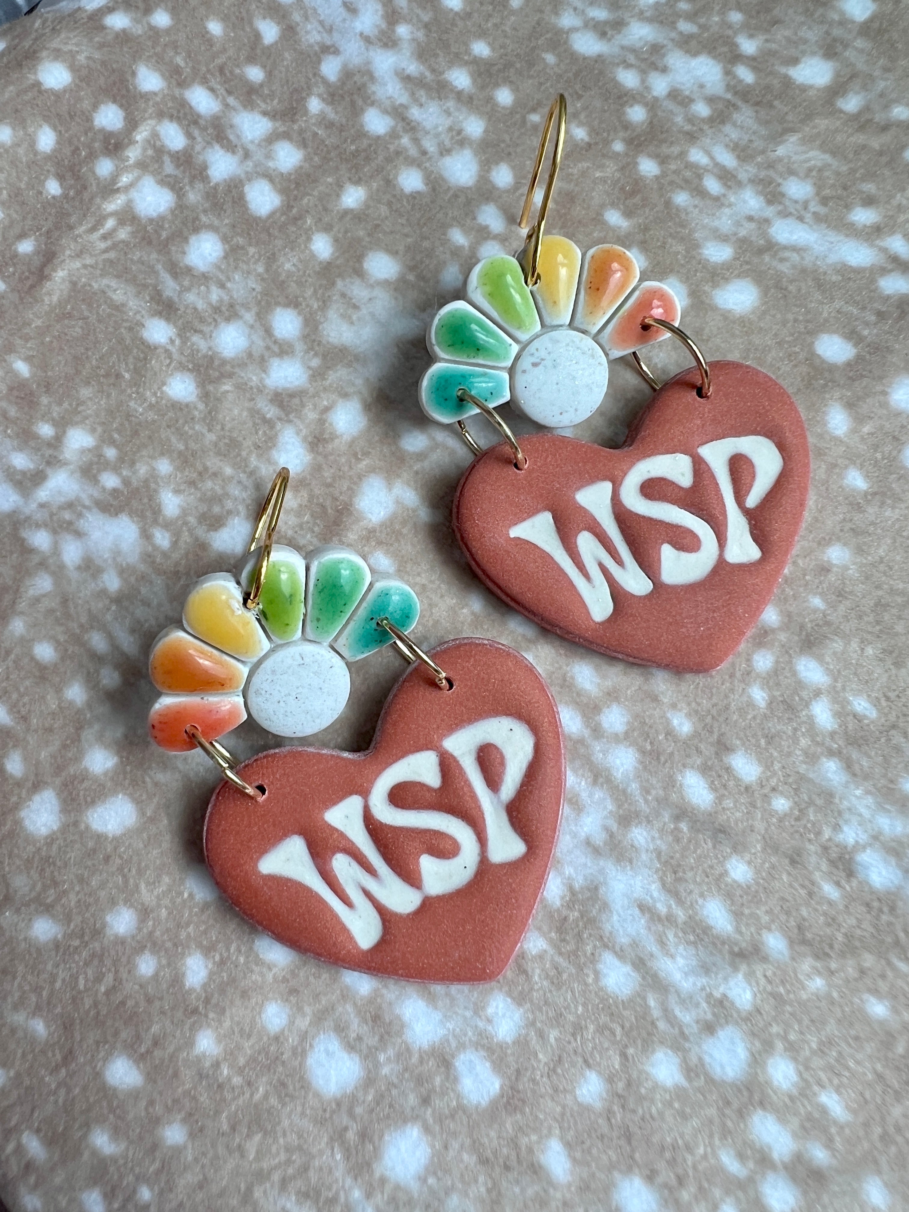 Earthy Rainbow WSP Heart Flower Earrings