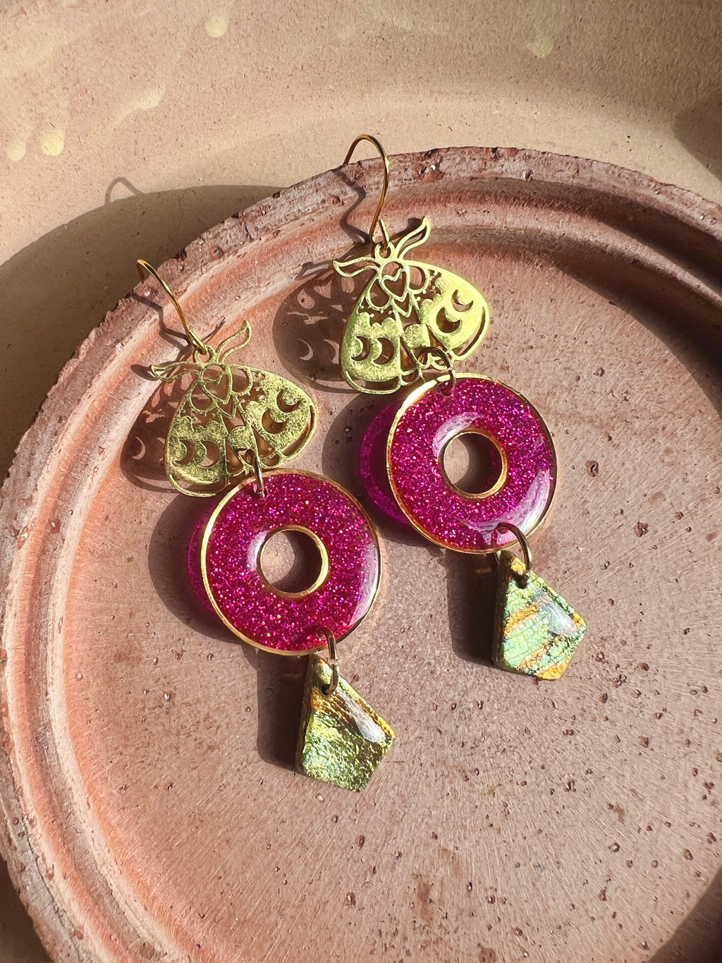 Pink Glitter Donut Moth Earrings