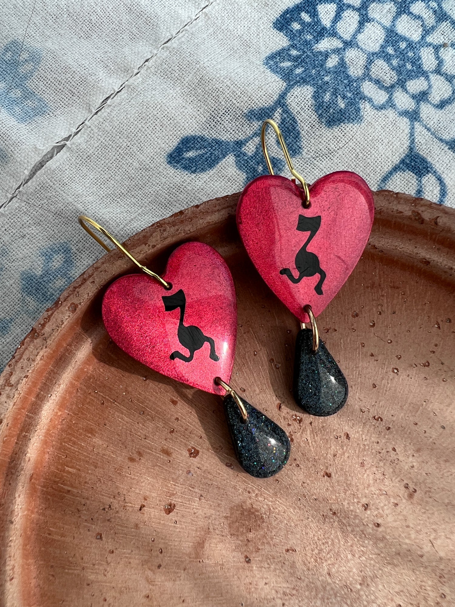 Red Heart Running Notes with Black Glitter Teardrops