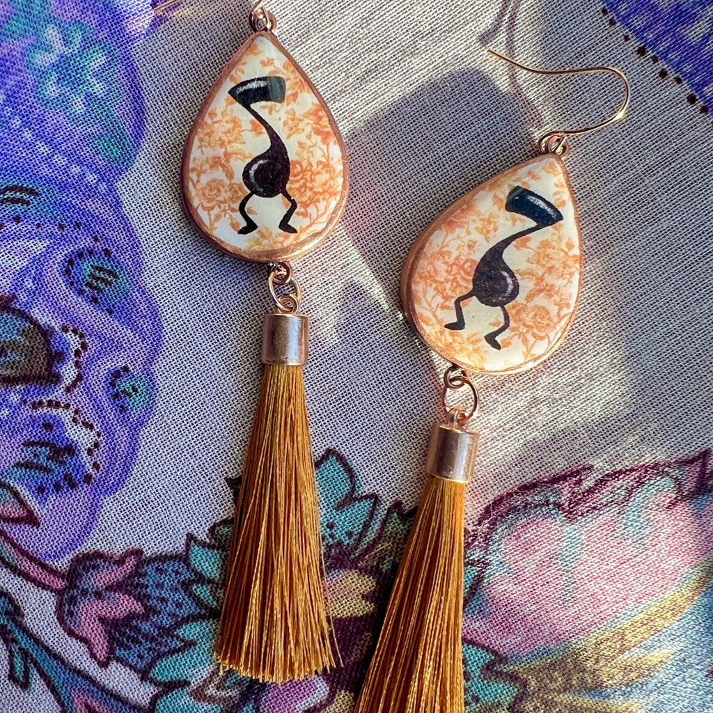 Gold Chinoiserie Boogie Note Drops Tassel Earrings