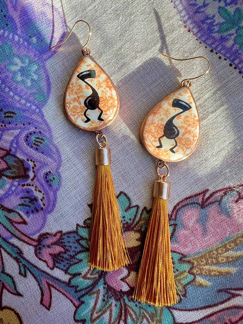 Gold Chinoiserie Boogie Note Drops Tassel Earrings