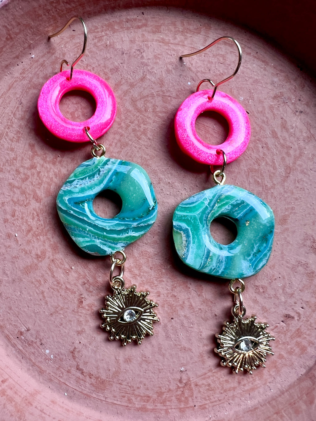 Pink Donut Green Geode Evil Eye dangle