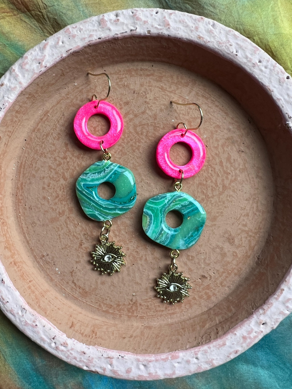 Pink Donut Green Geode Evil Eye dangle